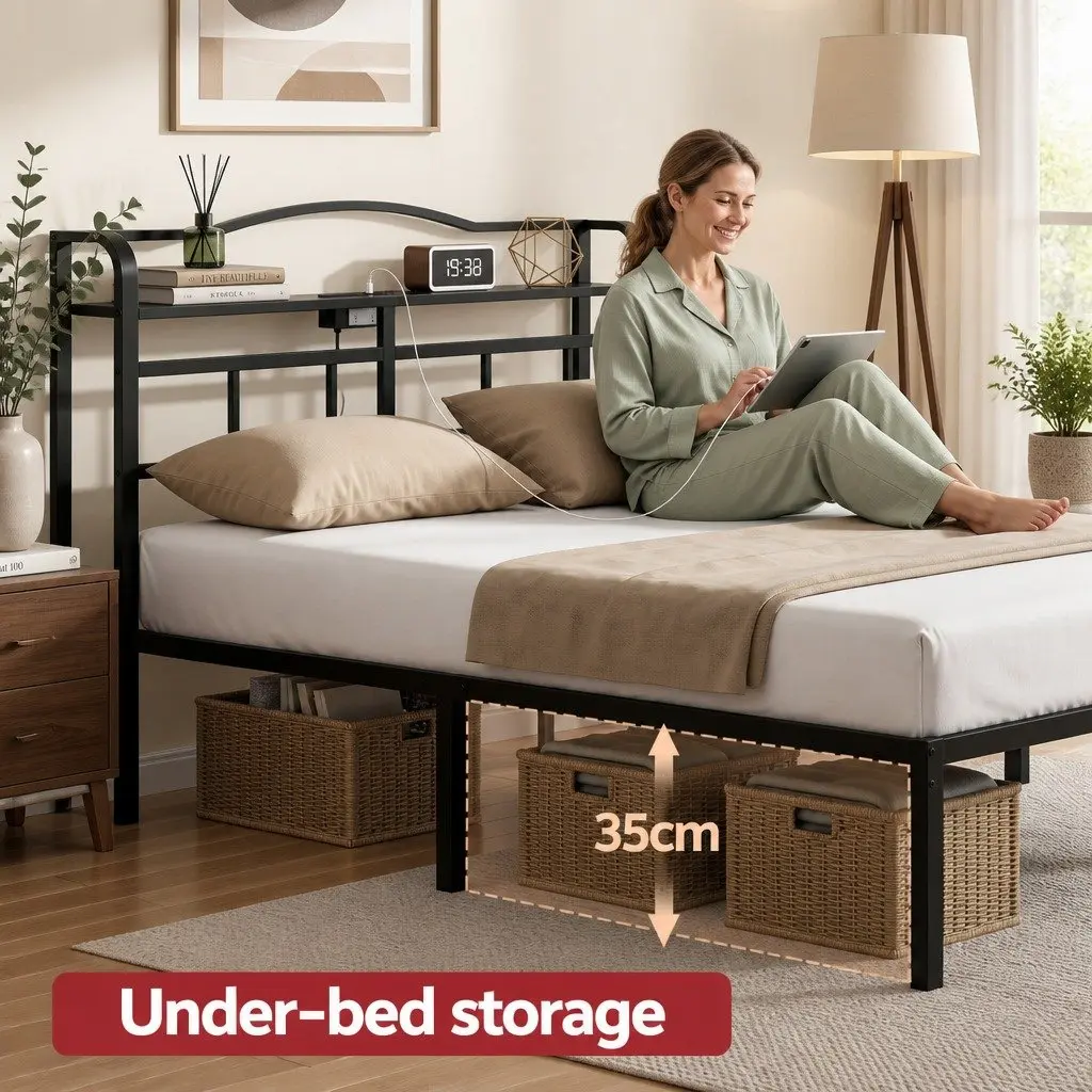 Queen Size Bed Frame for Bedroom with Integrated Charging Station AC Outlets USB Type-C