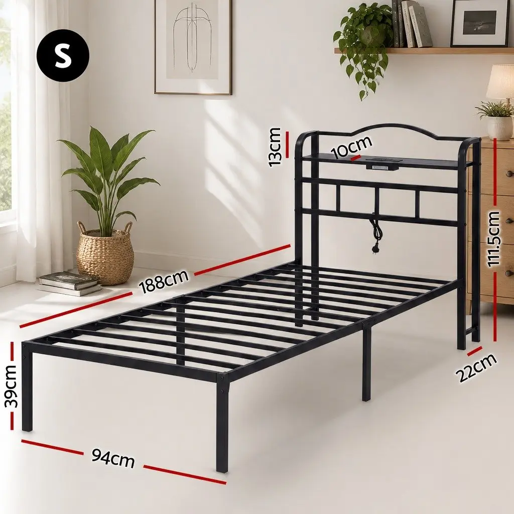Single Bed Frame for Bedroom with Integrated Charging Station MDF Headboard Storage Black
