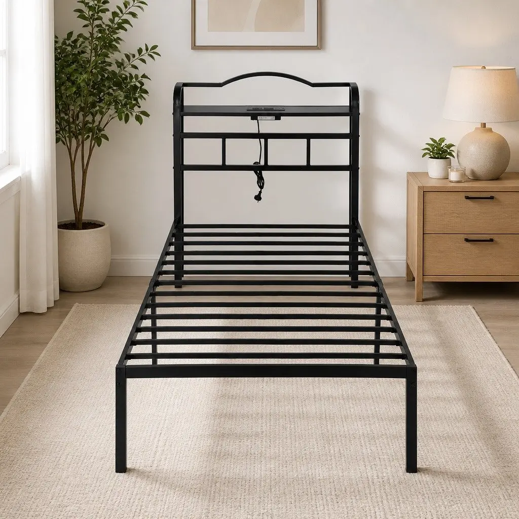 Single Bed Frame for Bedroom with Integrated Charging Station MDF Headboard Storage Black