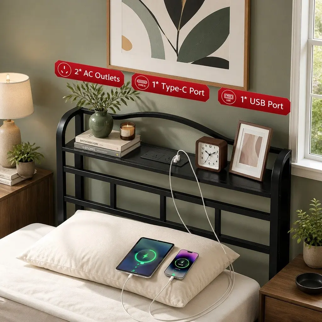 Single Bed Frame for Bedroom with Integrated Charging Station MDF Headboard Storage Black