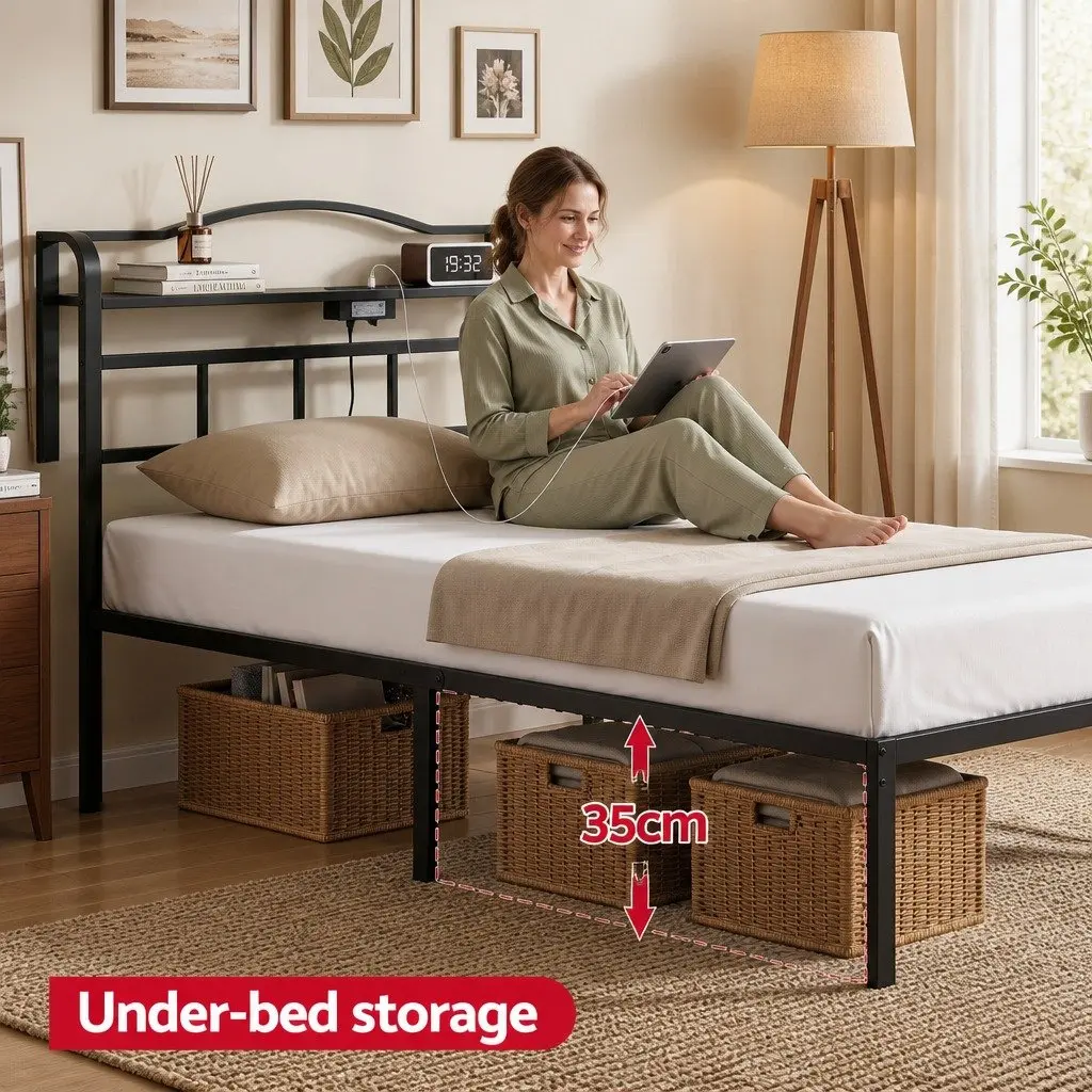 Single Bed Frame for Bedroom with Integrated Charging Station MDF Headboard Storage Black