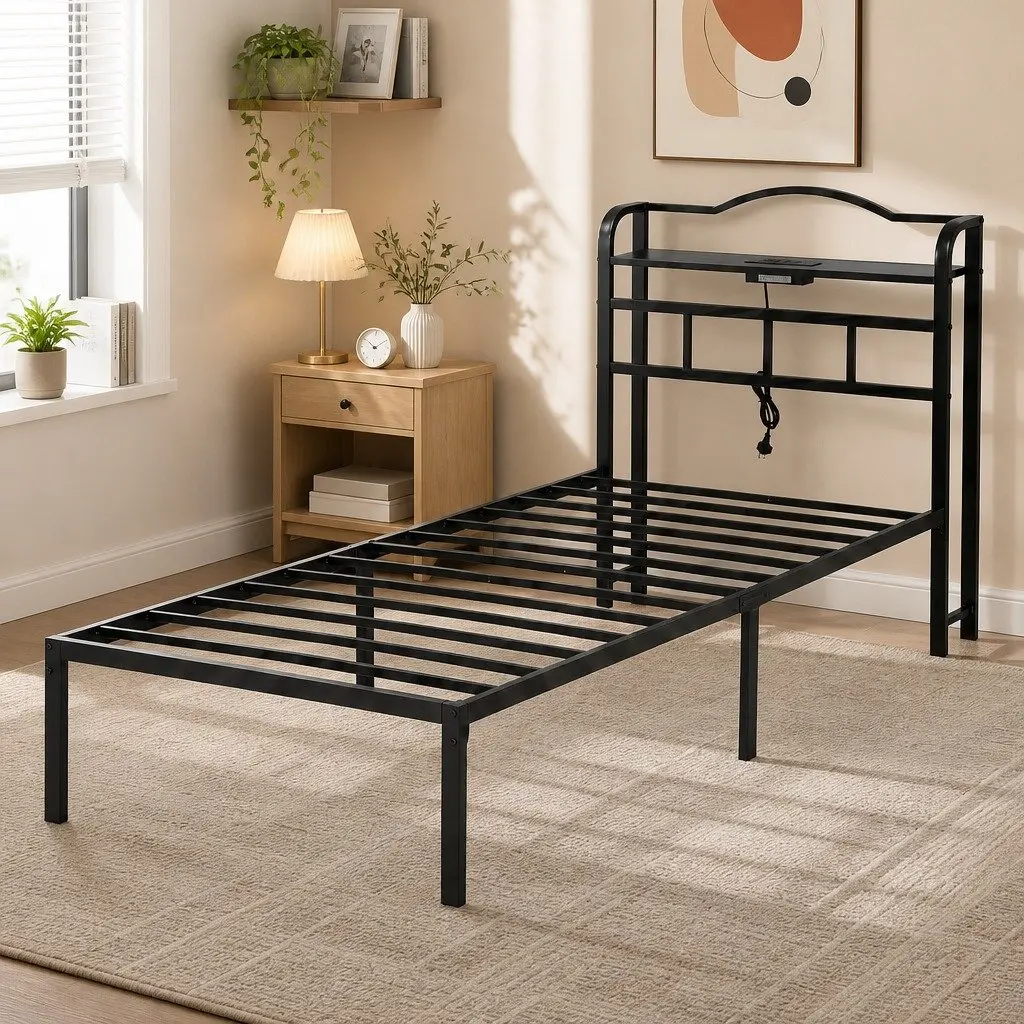Single Bed Frame for Bedroom with Integrated Charging Station MDF Headboard Storage Black
