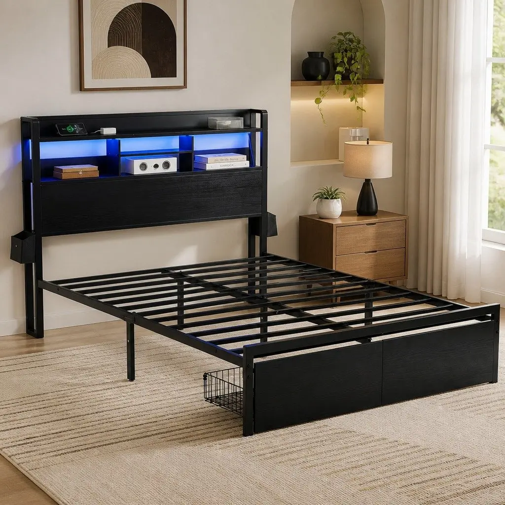 Double Metal Bed Frame with LED Lights Storage Drawers Charging Station