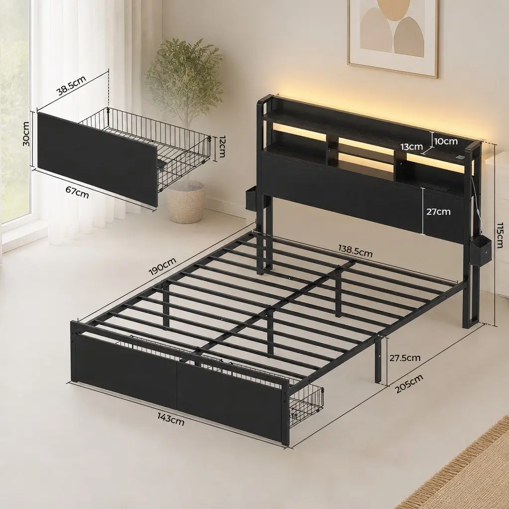 Double Metal Bed Frame with LED Lights Storage Drawers Charging Station