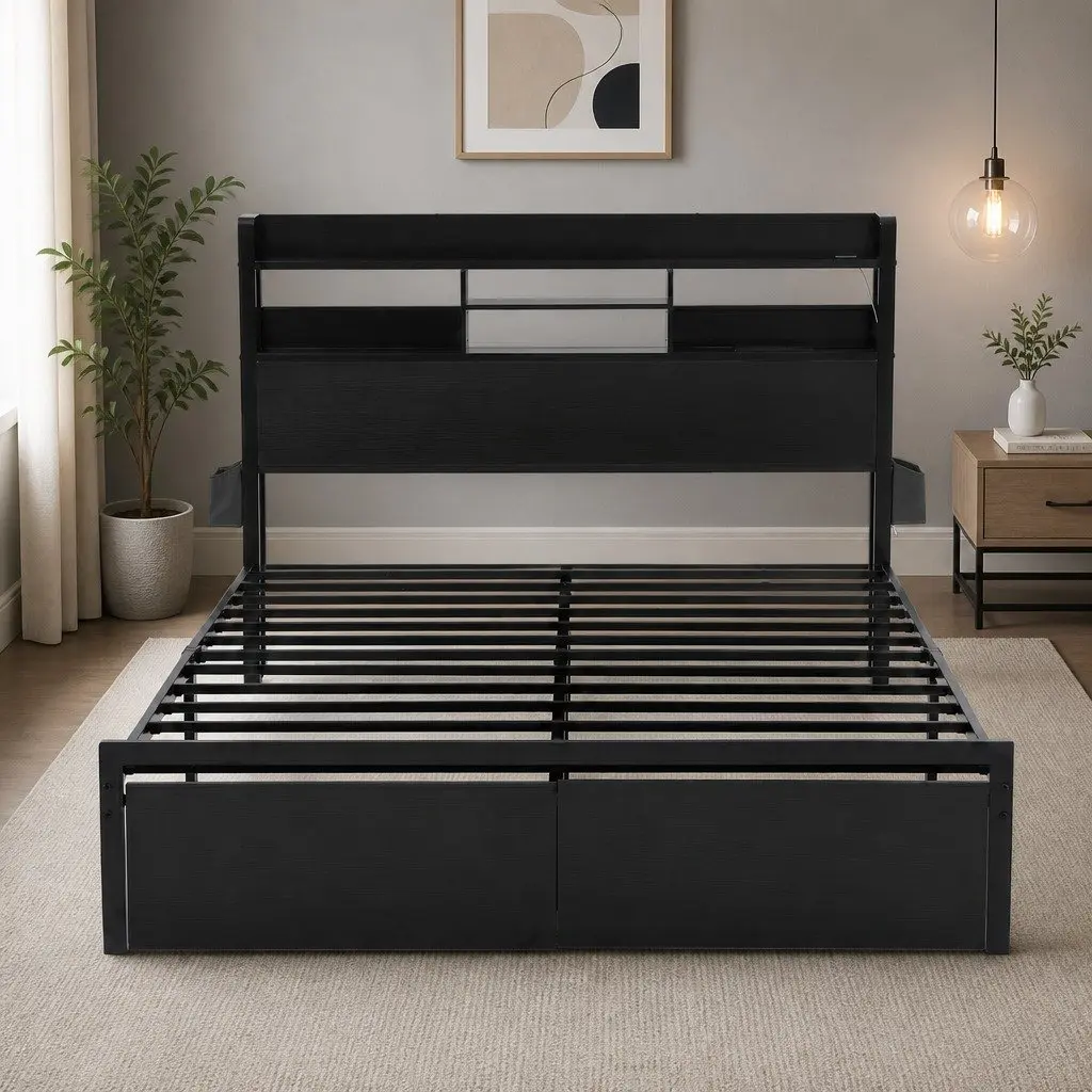 Double Metal Bed Frame with LED Lights Storage Drawers Charging Station
