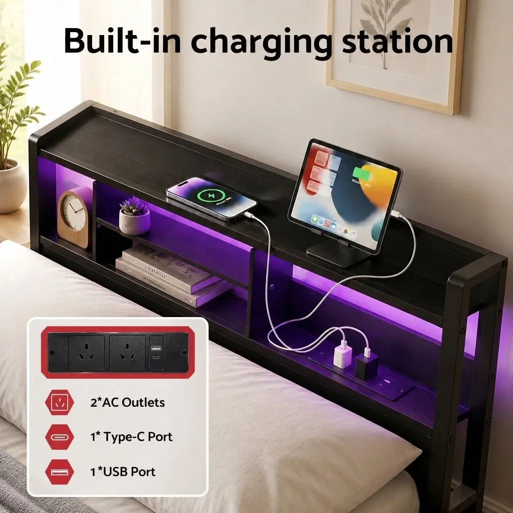 Double Metal Bed Frame with LED Lights Storage Drawers Charging Station