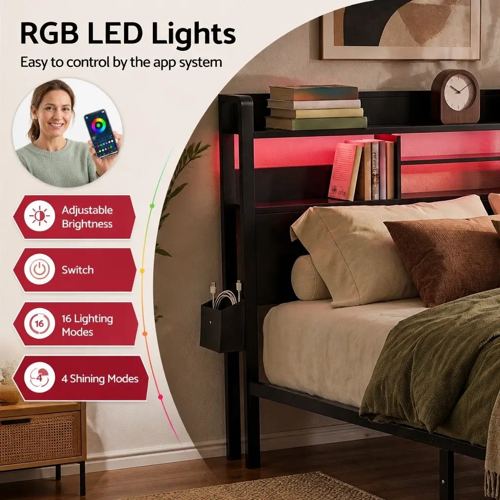 Double Metal Bed Frame with LED Lights Storage Drawers Charging Station