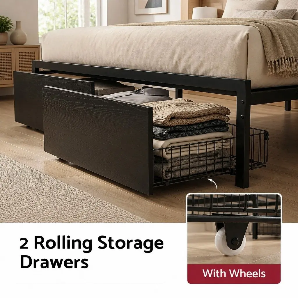 Double Metal Bed Frame with LED Lights Storage Drawers Charging Station
