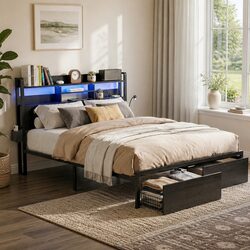 King Bed Frame with Charging Station Storage Drawers LED Lights Metal Base