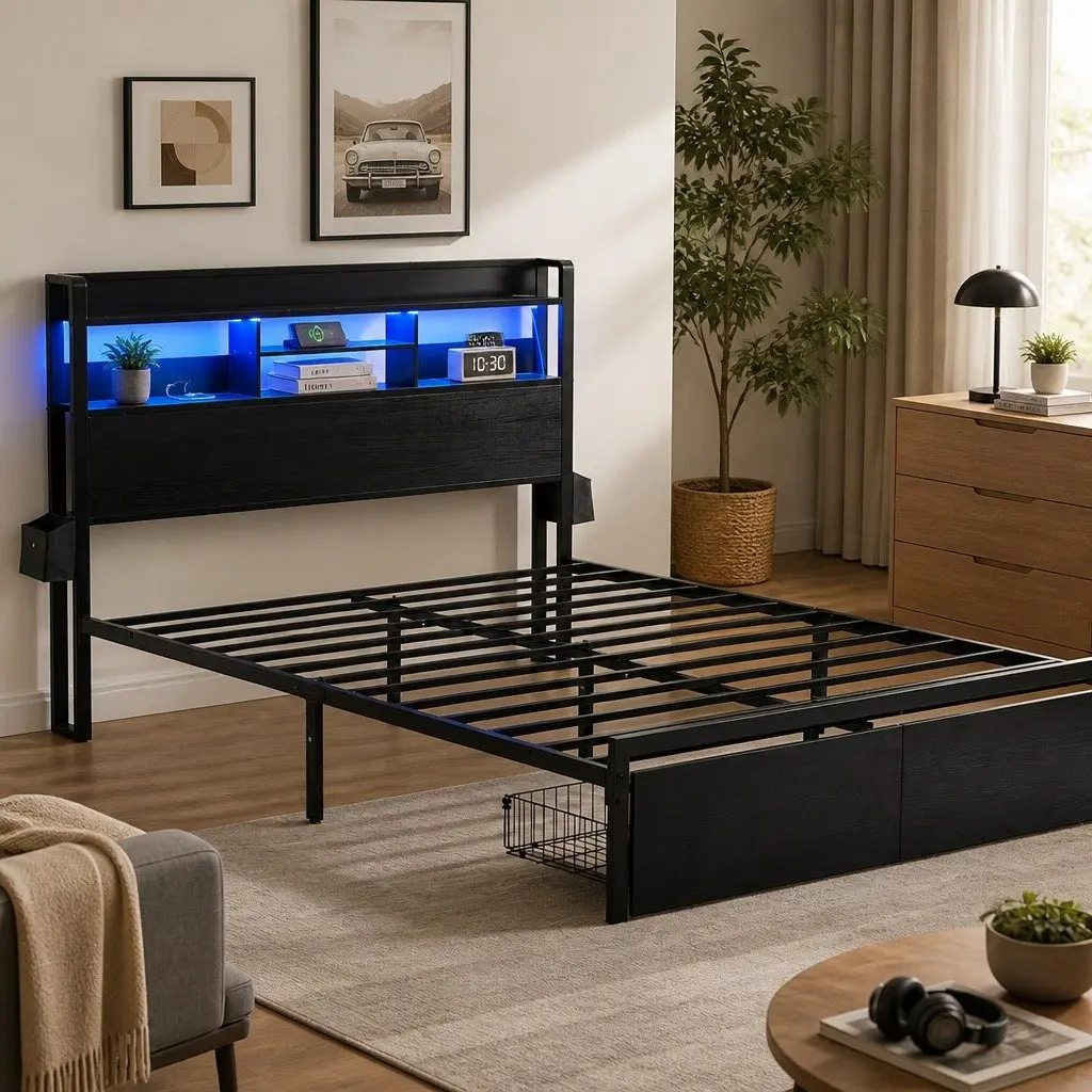 Queen Bed Frame with Storage Drawers LED Charging Station Metal Industrial