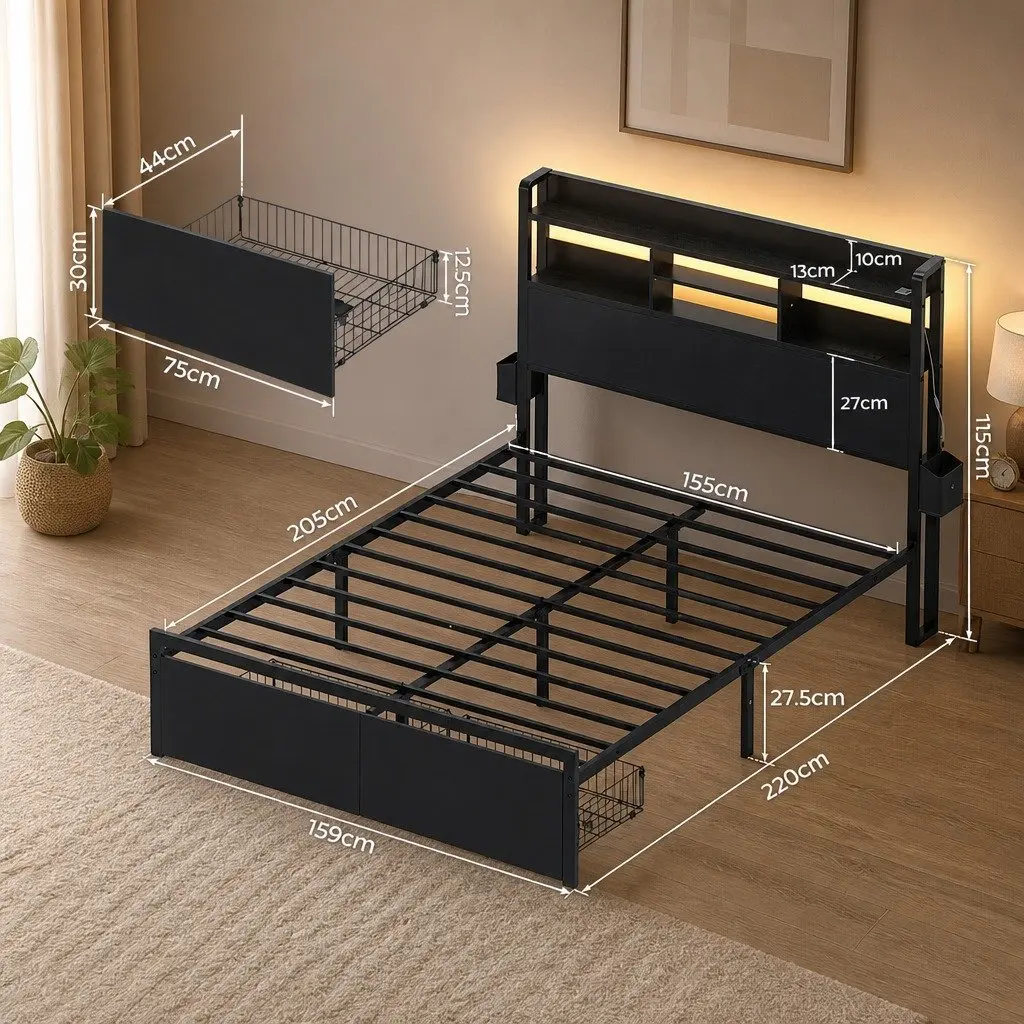 Queen Bed Frame with Storage Drawers LED Charging Station Metal Industrial