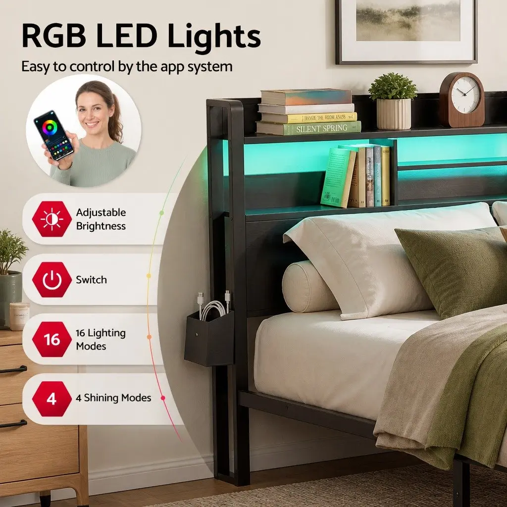 Queen Bed Frame with Storage Drawers LED Charging Station Metal Industrial