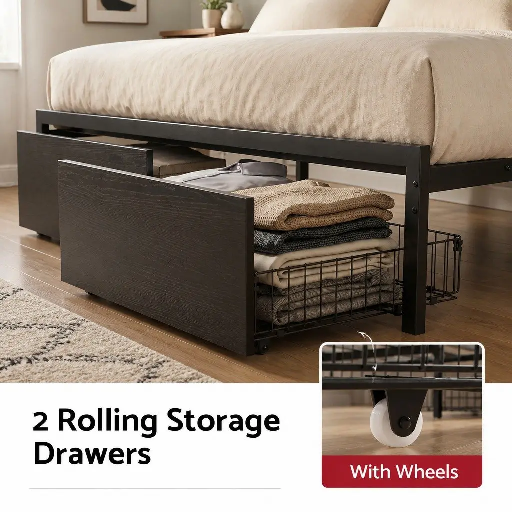 Queen Bed Frame with Storage Drawers LED Charging Station Metal Industrial
