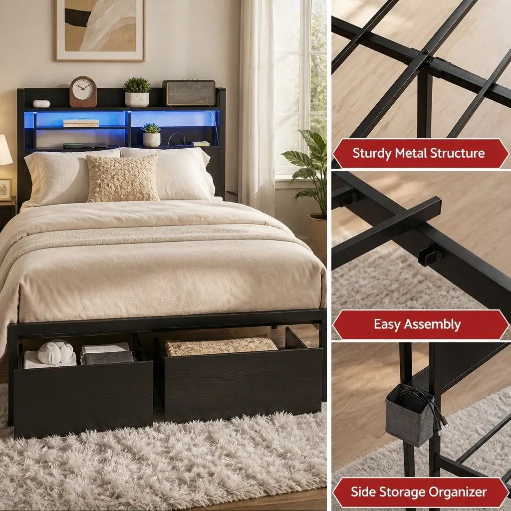 Queen Bed Frame with Storage Drawers LED Charging Station Metal Industrial