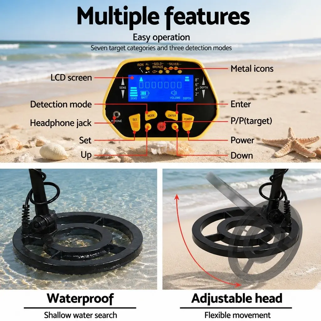 Metal Detector for Beach Park Backyard 180MM Waterproof Yellow LCD Screen