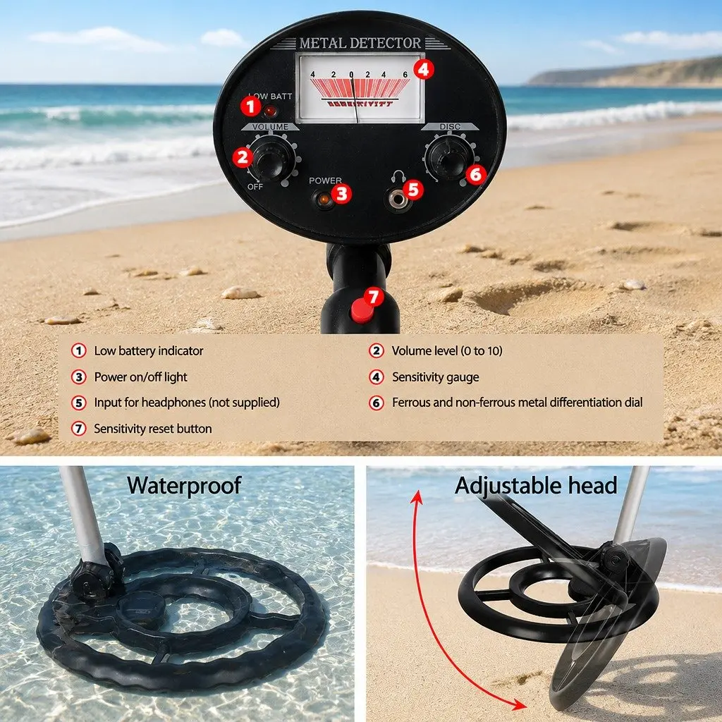 Metal Detector for Treasure Hunting with 180MM Waterproof Search Coil Adjustable Length