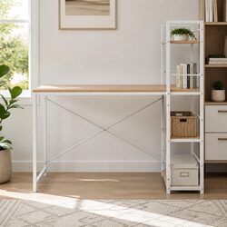 120CM Oak Top Computer Desk with White Frame and Shelves