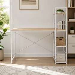 120CM Oak Top Computer Desk with White Frame and Shelves