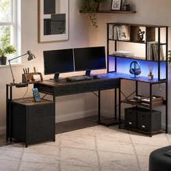 L Shaped Gaming Computer Desk 200cm Workspace with LED Lights Power Outlets