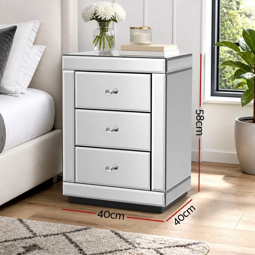 Set of 2 Bedside Tables 3 Drawers Silver Mirrored Glass Bedroom Storage