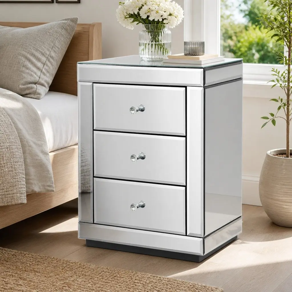 Bedside Table 3 Drawers Mirrored Silver Bedroom Storage Nightstand