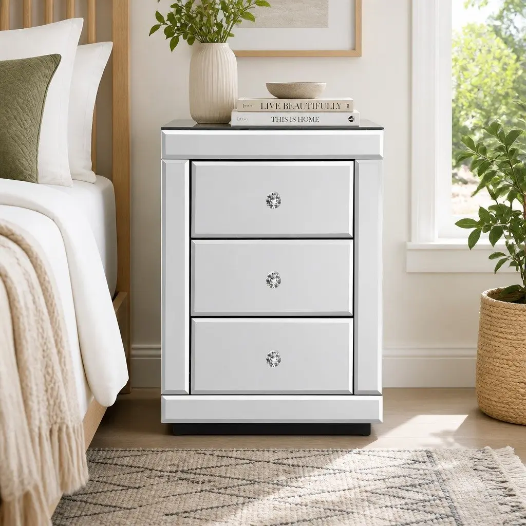 Bedside Table 3 Drawers Mirrored Silver Bedroom Storage Nightstand