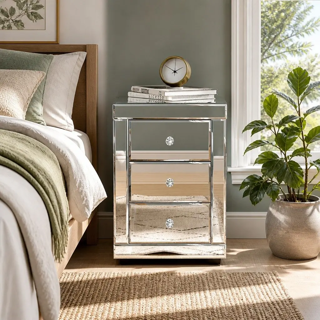 Bedside Table 3 Drawers Mirrored Silver Bedroom Storage Nightstand