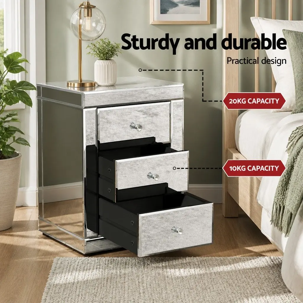 Bedside Table 3 Drawers Mirrored Silver Bedroom Storage Nightstand