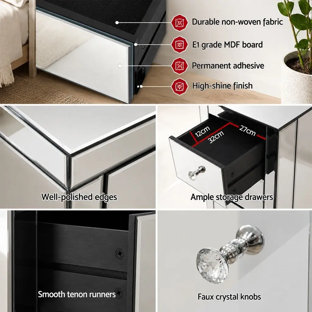 Bedside Table 3 Drawers Mirrored Silver Bedroom Storage Nightstand