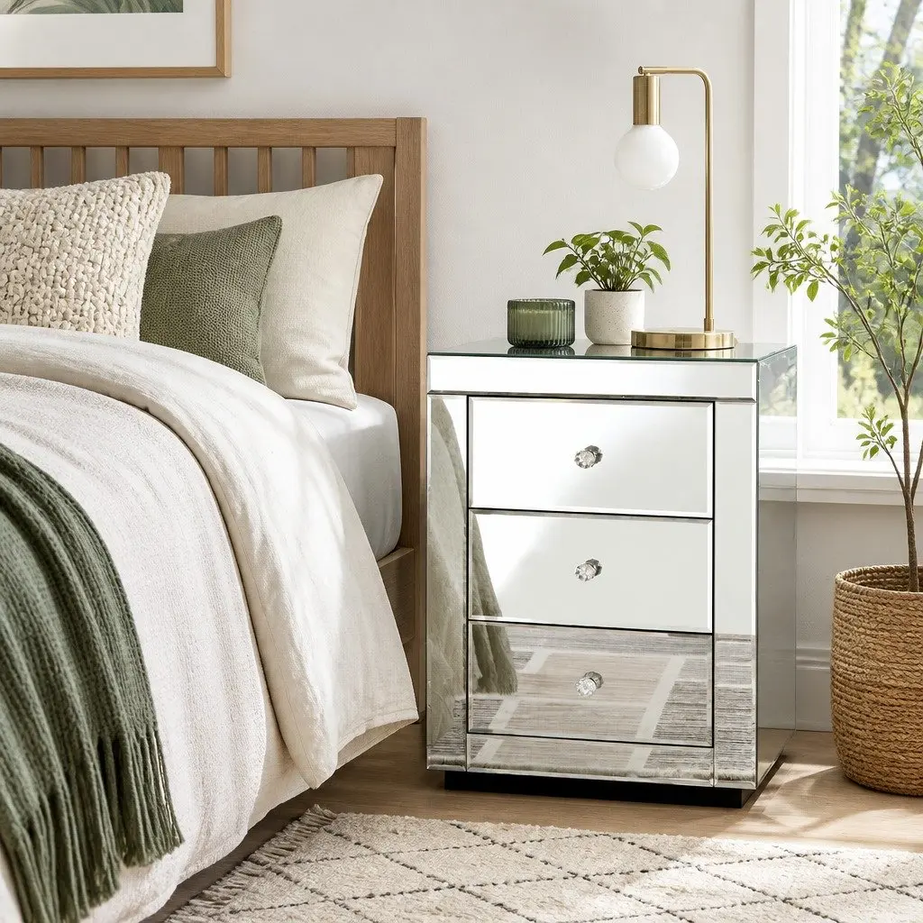 Bedside Table 3 Drawers Mirrored Silver Bedroom Storage Nightstand