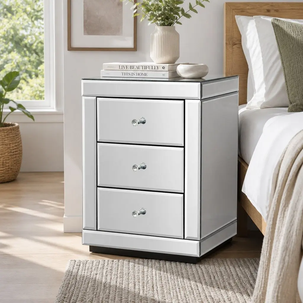 Bedside Table 3 Drawers Mirrored Silver Bedroom Storage Nightstand
