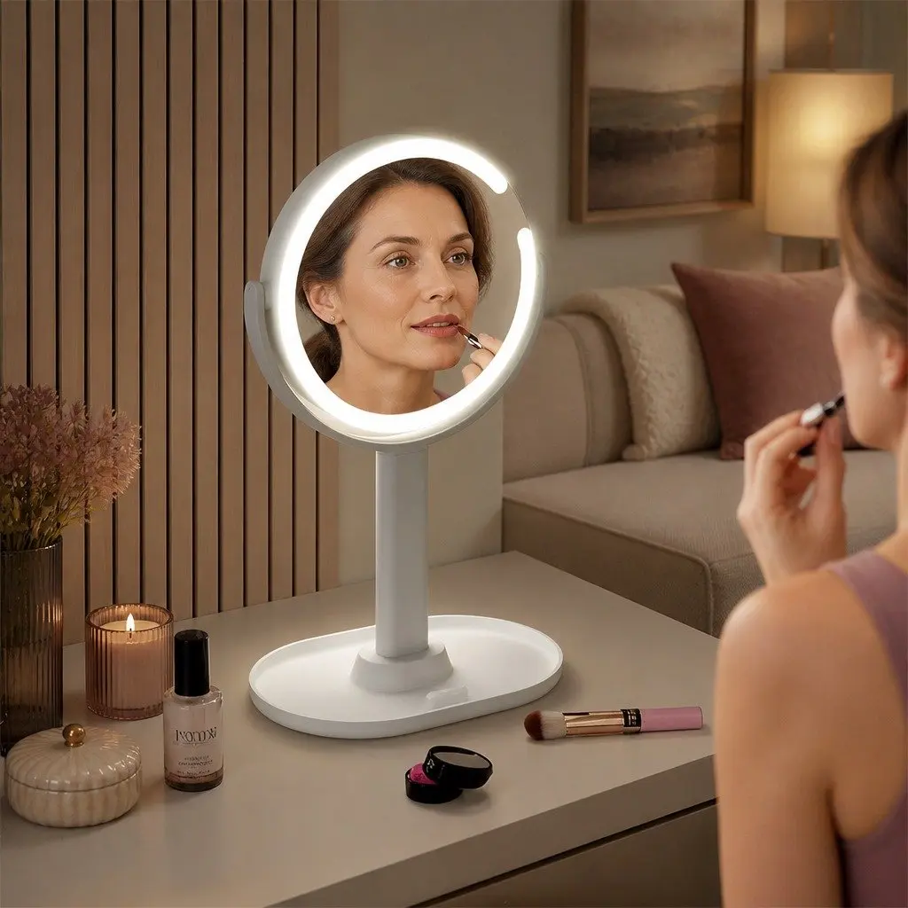 LED Makeup Mirror Double-Sided 10x Magnifying with Light USB Rechargeable for Vanity Bathroom Travel 19cm Diameter