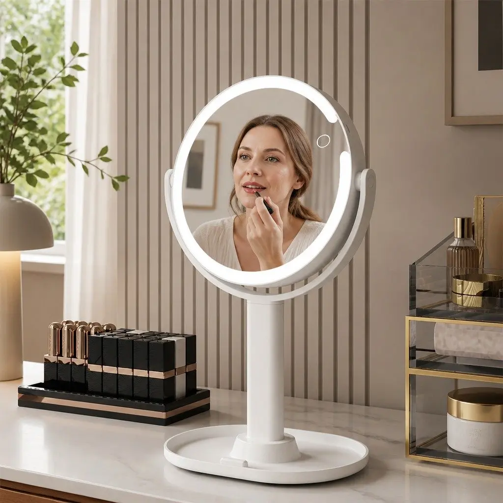 LED Makeup Mirror Double-Sided 10x Magnifying with Light USB Rechargeable for Vanity Bathroom Travel 19cm Diameter