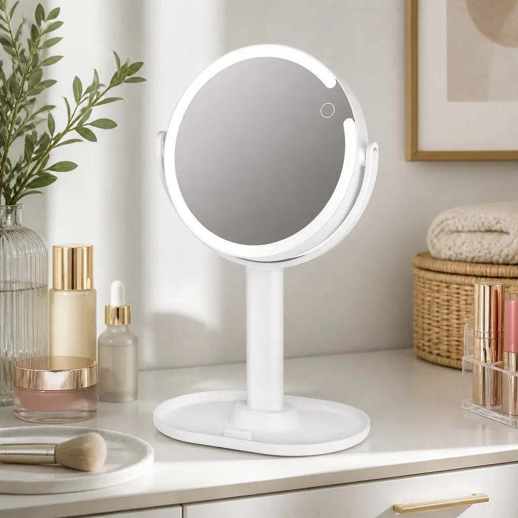 LED Makeup Mirror Double-Sided 10x Magnifying with Light USB Rechargeable for Vanity Bathroom Travel 19cm Diameter