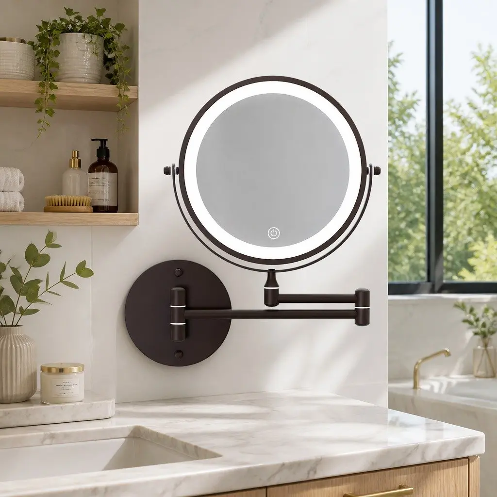 Extendable Makeup Mirror 10X Magnification Double-Sided Brown LED Illuminated
