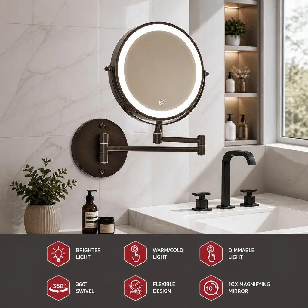 Extendable Makeup Mirror 10X Magnification Double-Sided Brown LED Illuminated