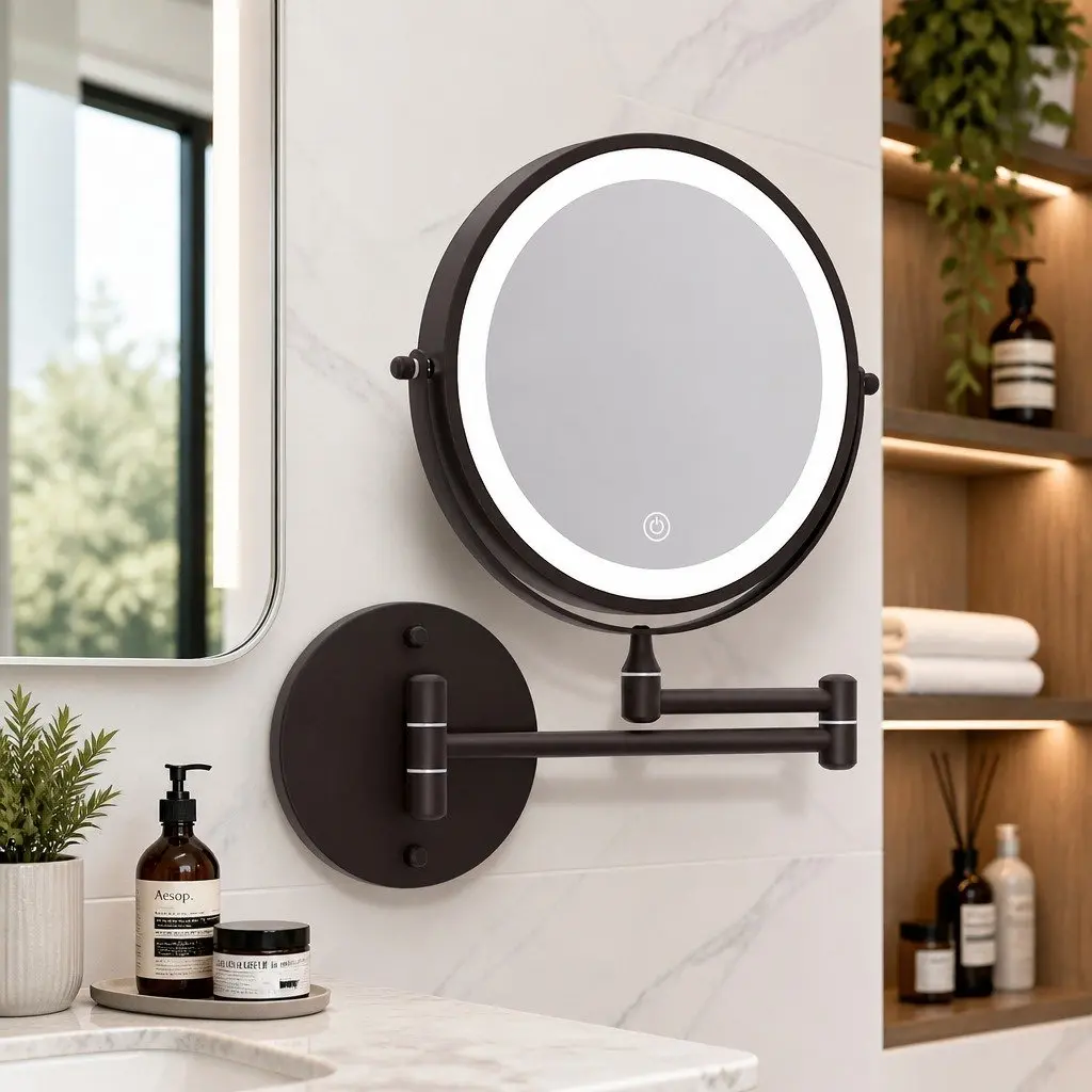 Extendable Makeup Mirror 10X Magnification Double-Sided Brown LED Illuminated