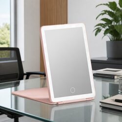 Compact LED Makeup Mirror Pink Portable Foldable Travel Beauty with Touch