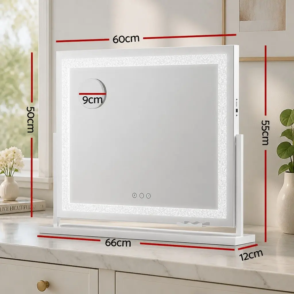 LED Makeup Mirror 60x50cm Vanity Mirror 360 Rotatable Lighted Crystal Tabletop