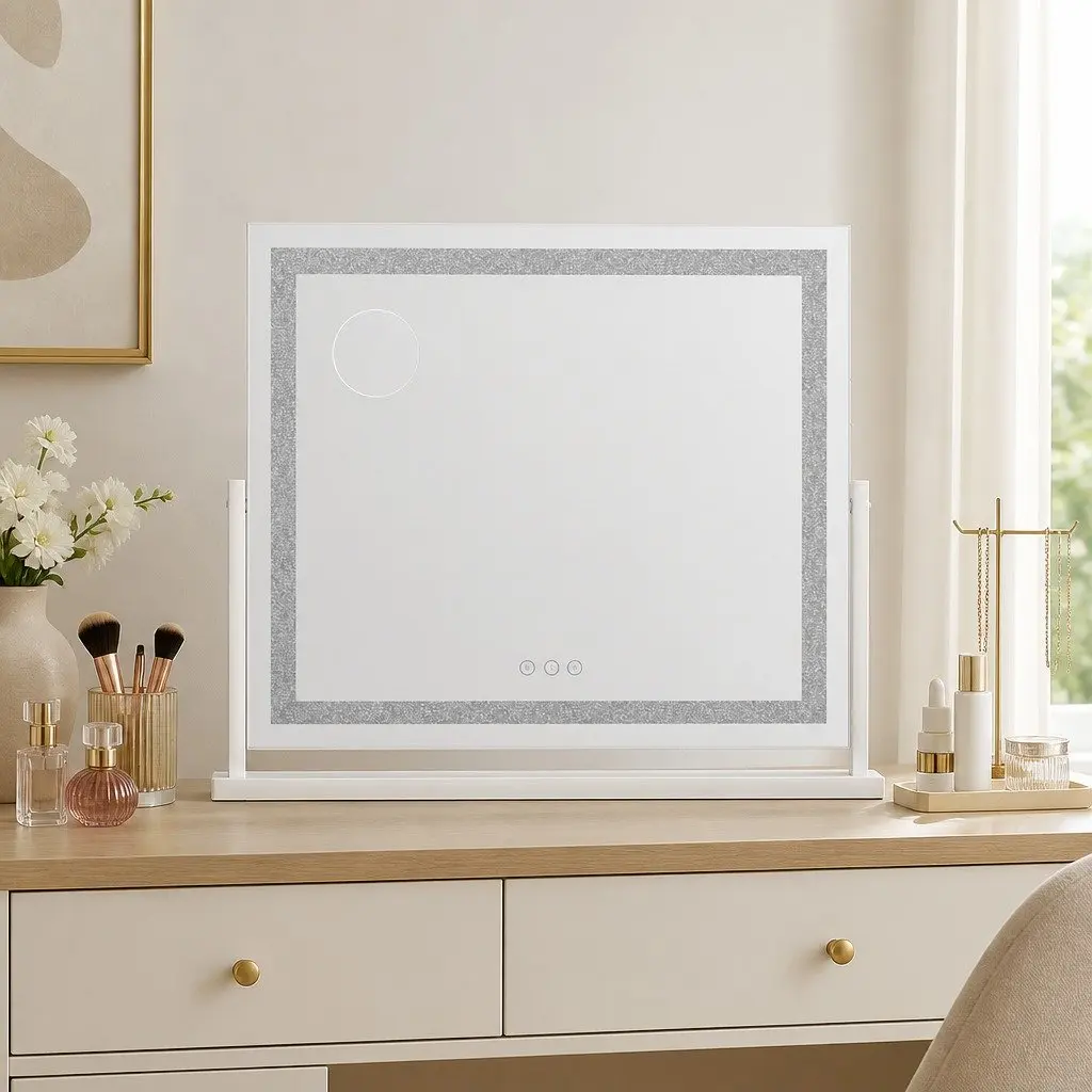 LED Makeup Mirror 60x50cm Vanity Mirror 360 Rotatable Lighted Crystal Tabletop