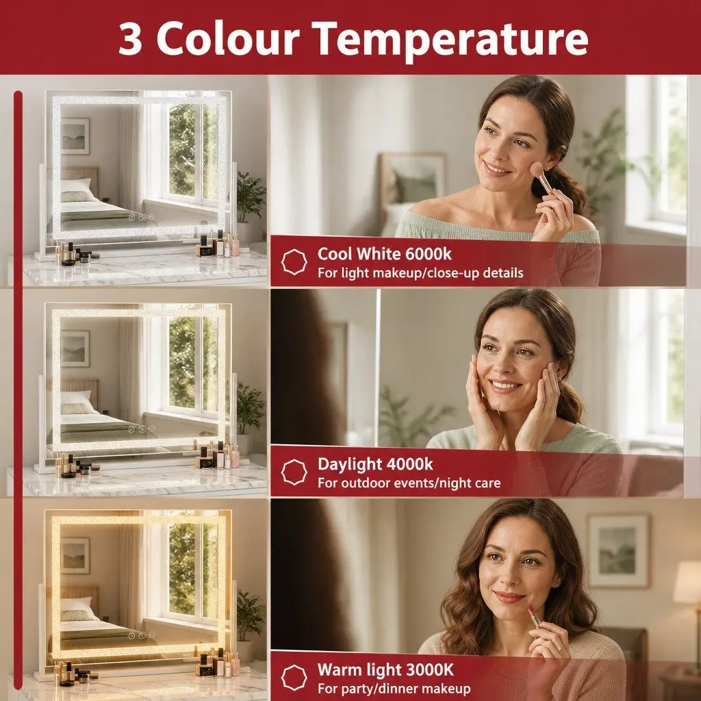 LED Makeup Mirror 60x50cm Vanity Mirror 360 Rotatable Lighted Crystal Tabletop