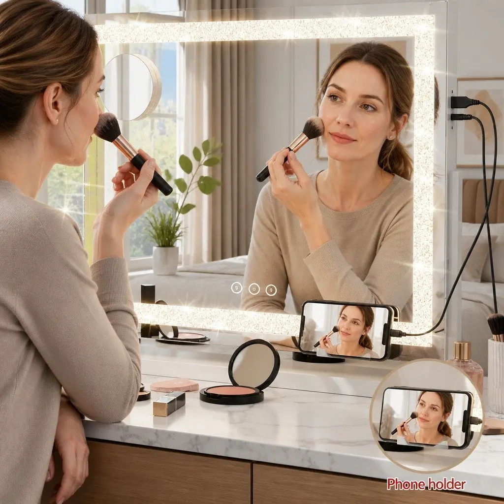 LED Makeup Mirror 60x50cm Vanity Mirror 360 Rotatable Lighted Crystal Tabletop