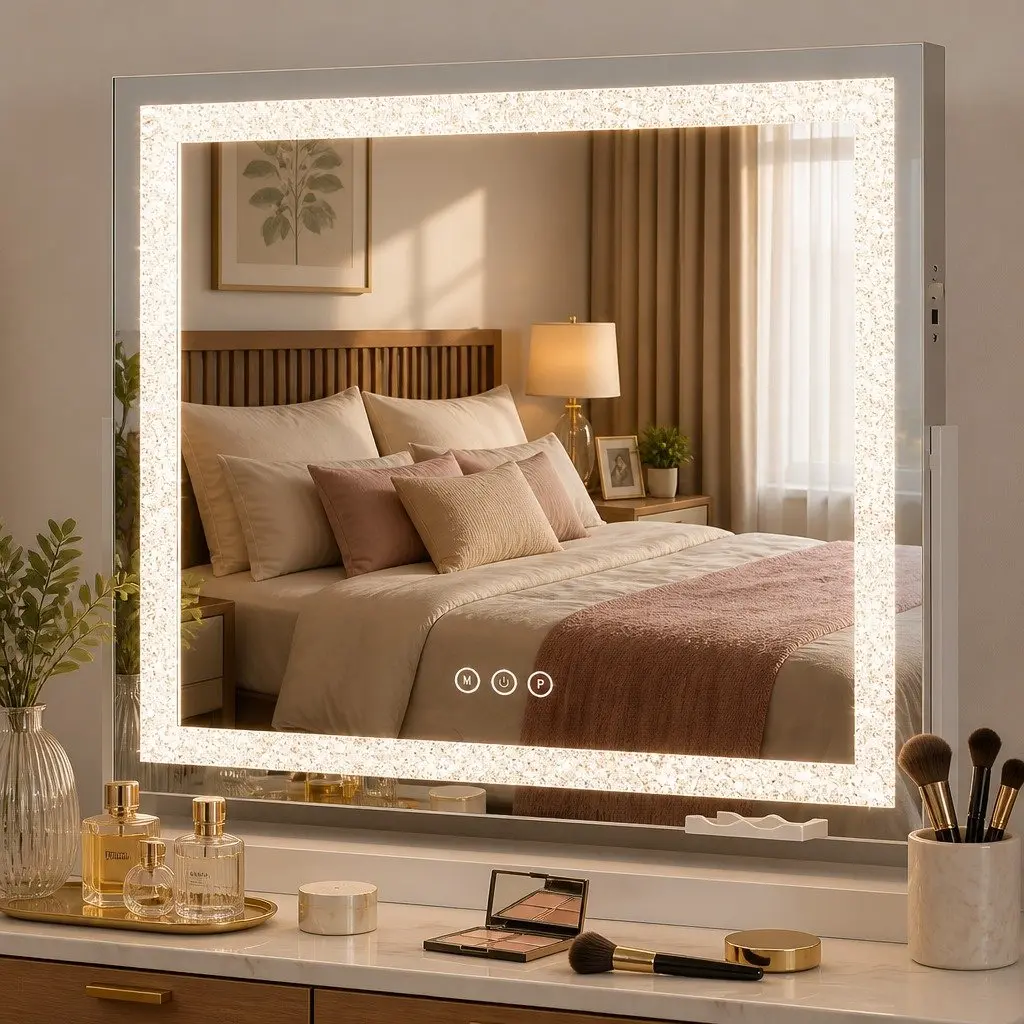 LED Makeup Mirror 60x50cm Vanity Mirror 360 Rotatable Lighted Crystal Tabletop