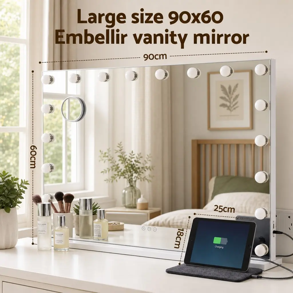 Hollywood Vanity Mirror 90x60cm Large Frameless Makeup Mirror 18 LED Bulbs
