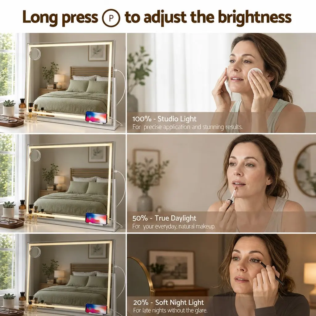 Makeup Mirror 90x60cm 360 Degree Rotatable Vanity with LED Lights Phone Mount
