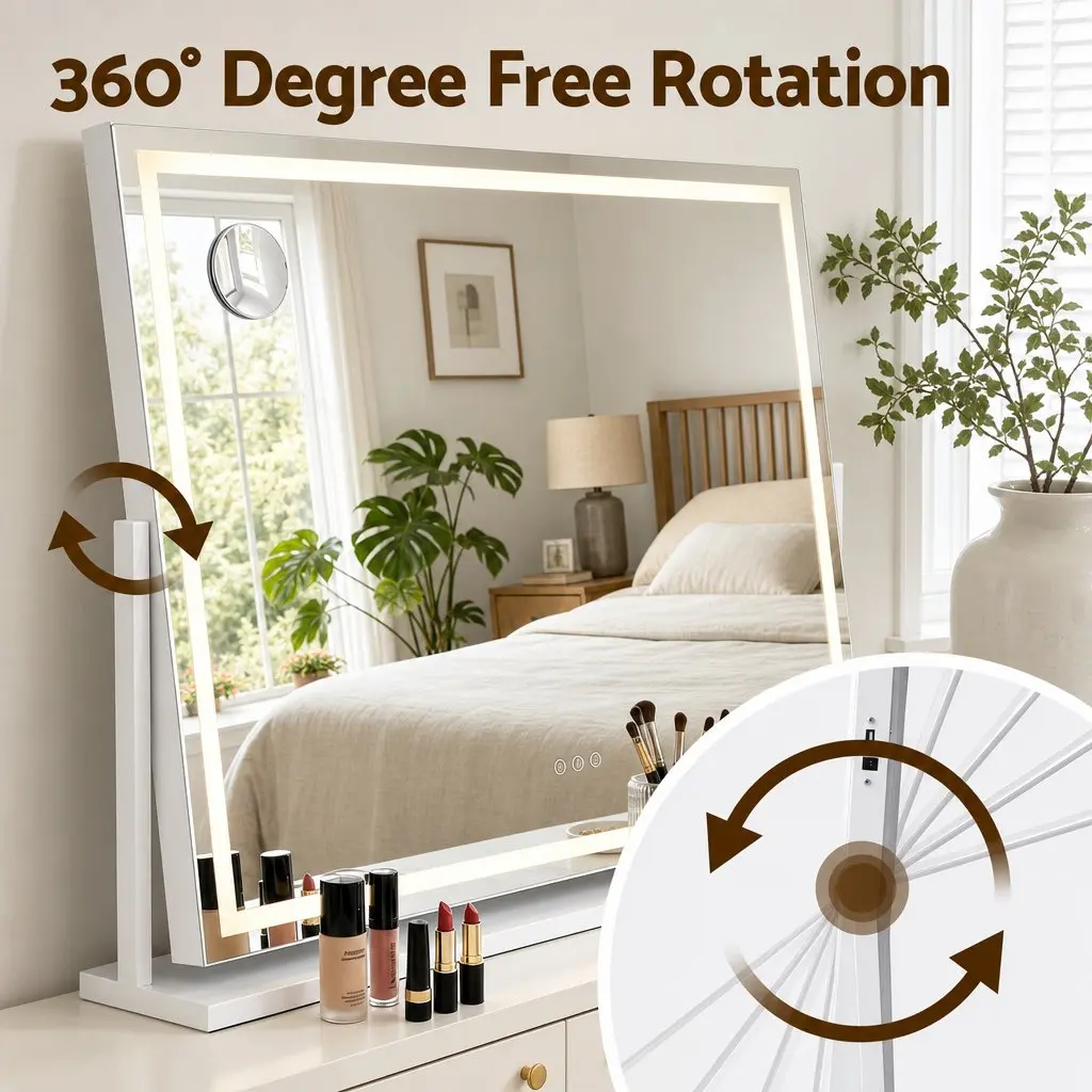 Makeup Mirror 90x60cm 360 Degree Rotatable Vanity with LED Lights Phone Mount