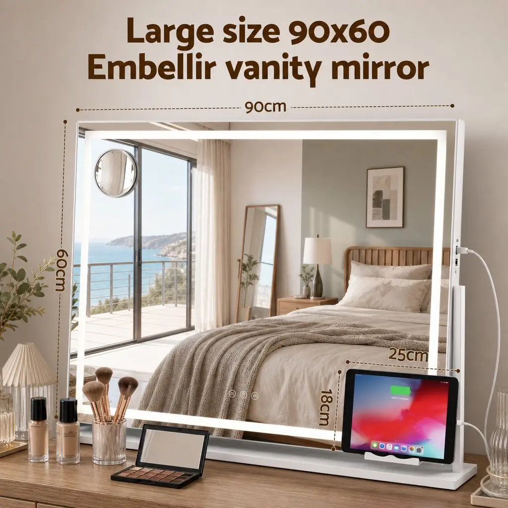 Makeup Mirror 90x60cm 360 Degree Rotatable Vanity with LED Lights Phone Mount
