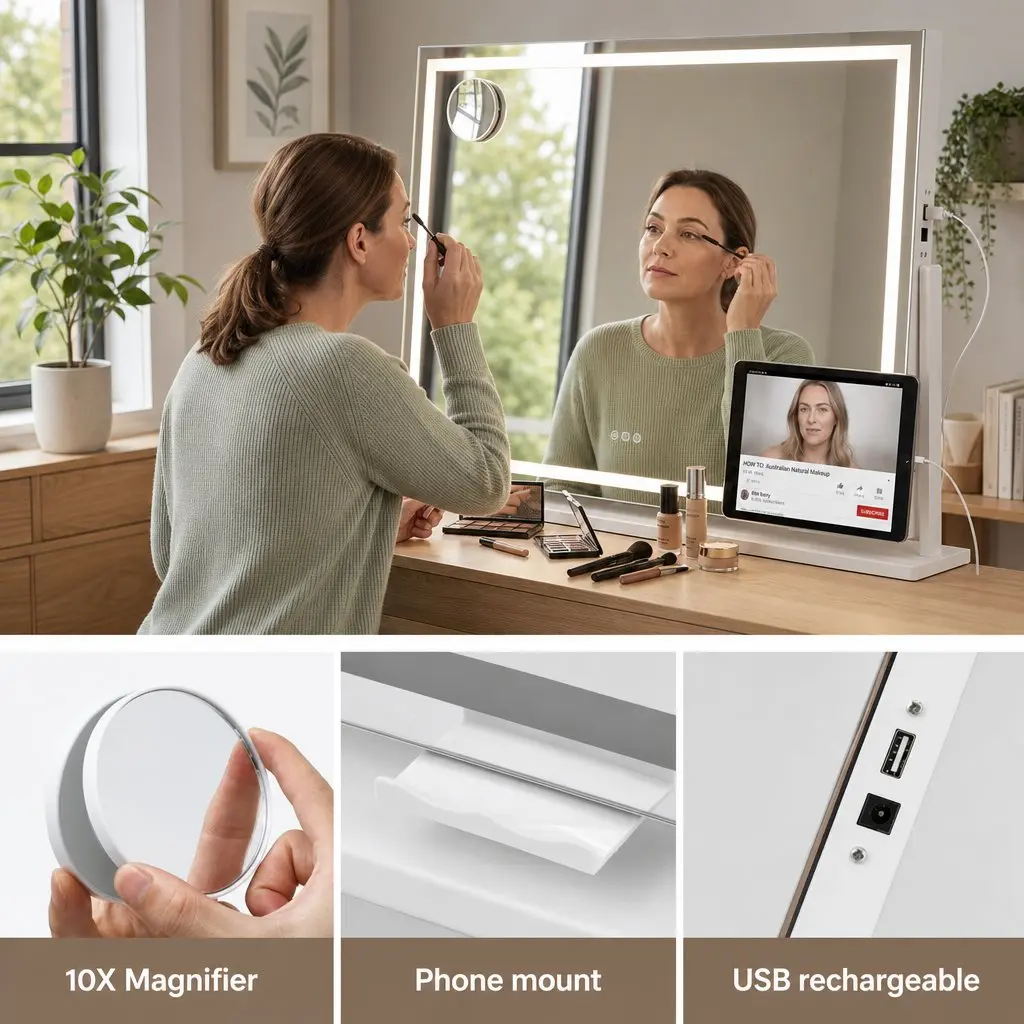 Makeup Mirror 90x60cm 360 Degree Rotatable Vanity with LED Lights Phone Mount