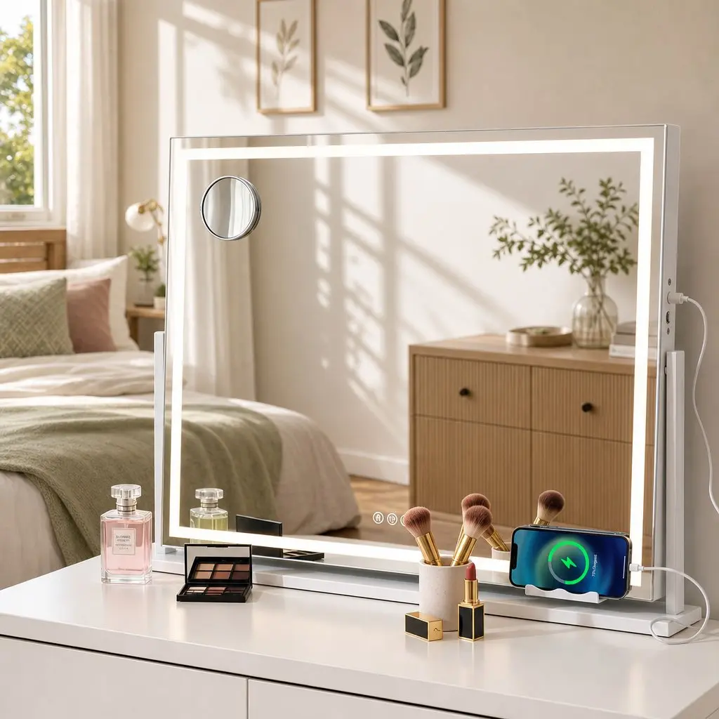 Makeup Mirror 90x60cm 360 Degree Rotatable Vanity with LED Lights Phone Mount
