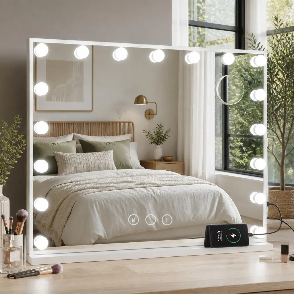 Makeup Mirror Tabletop Wall Mount 80x58cm LED Light for Bathroom